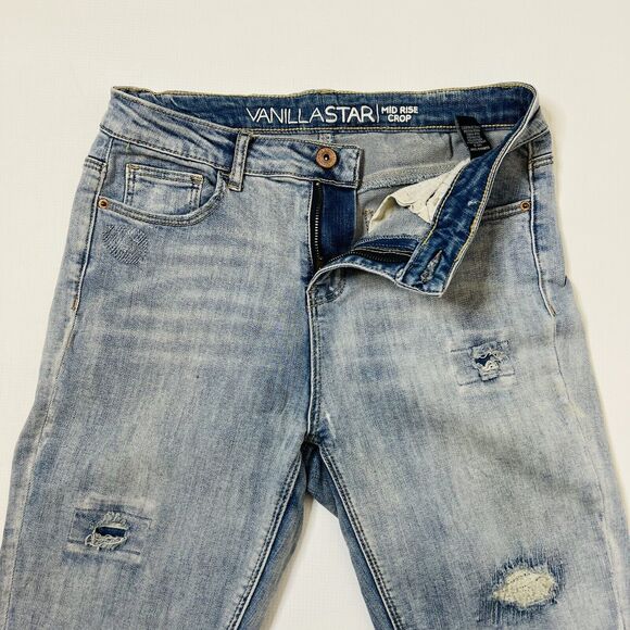 Vanilla Star Women's Blue Mid Rise Crop Distressed Stretch Jeans Size 9 School - Picture 8 of 11